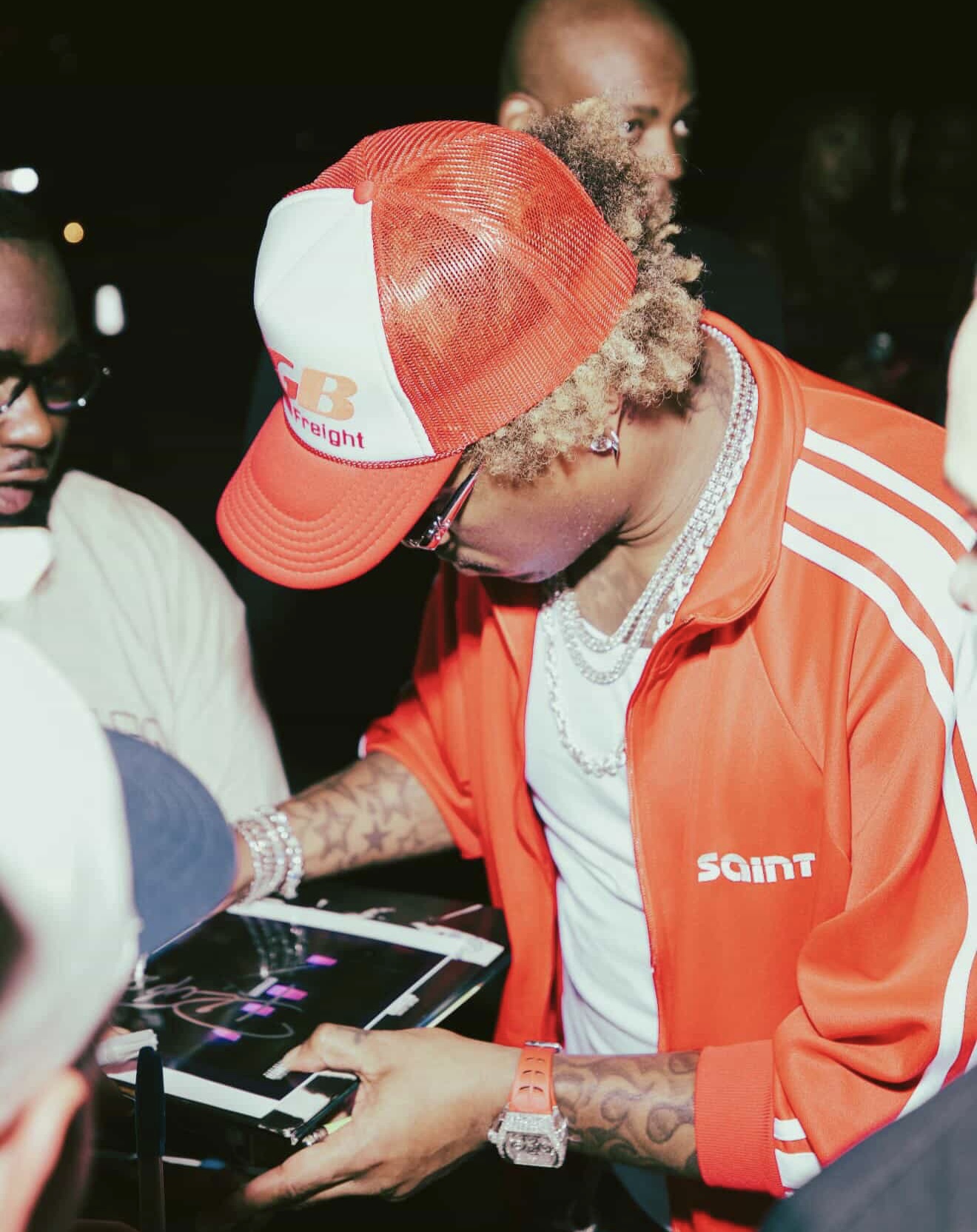 Future wearing the RGB Freight trucker hat designed by Antione Joyner